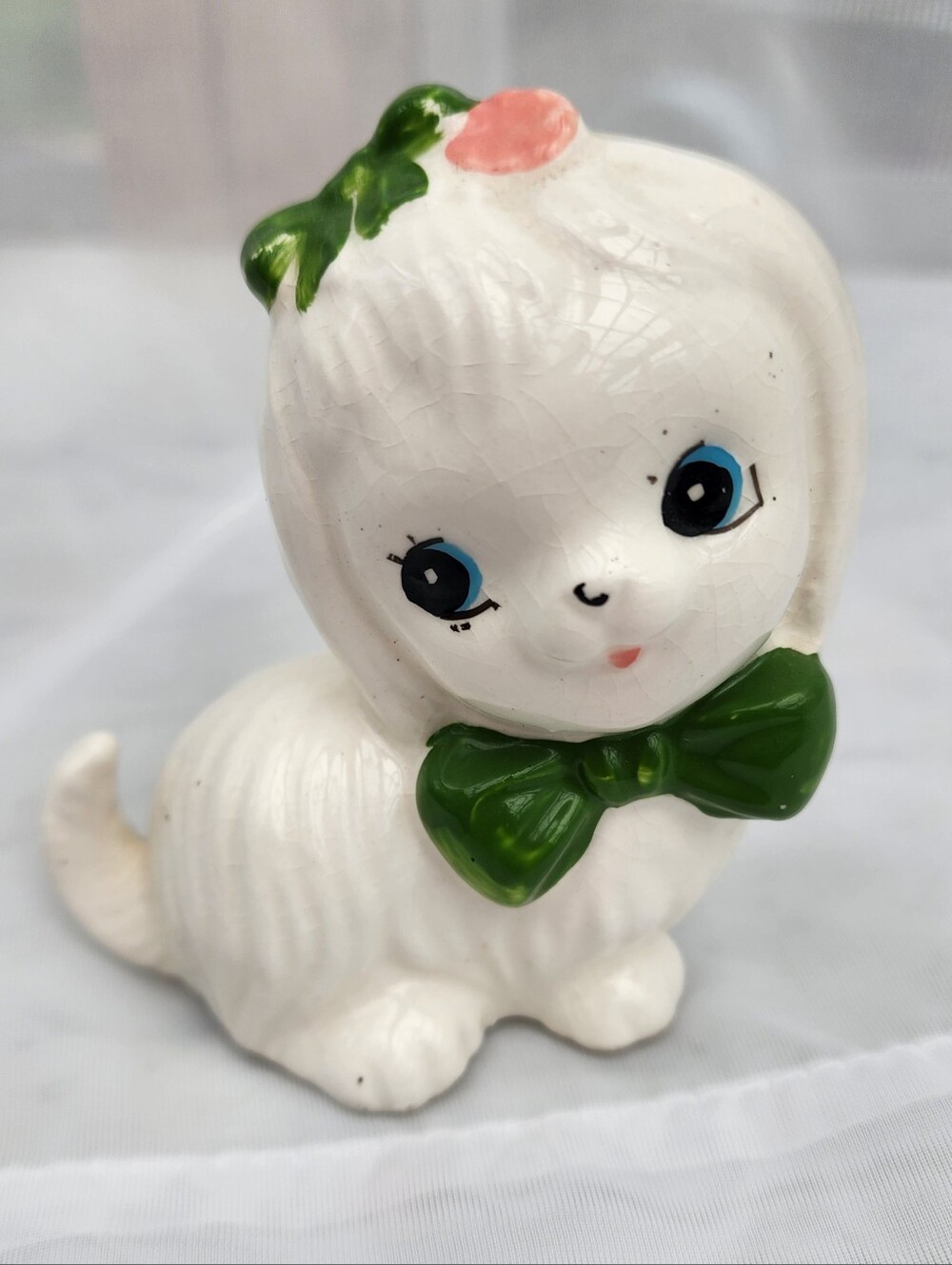 Vintage Handpainted Maltese Dog Japan 3.5" Big Eyes Green Bow White Knick Knack